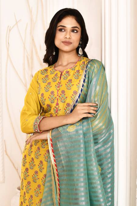 Shop_Abbaran_Yellow , Satin, Silk Embroidery Floral Hand Block Print Kurta Set _Online_at_Aza_Fashions