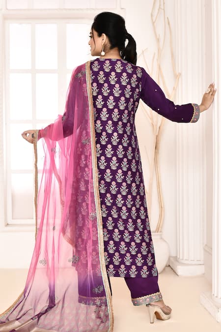 Shop_Abbaran_Purple Cotton, Silk, Organza Embroidery Floral Hand Block Print Kurta Pant Set _at_Aza_Fashions