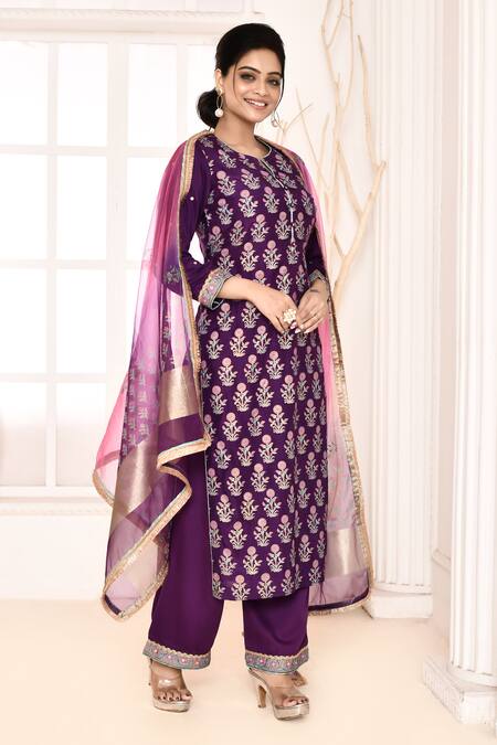 Abbaran Purple Cotton, Silk, Organza Embroidery Floral Hand Block Print Kurta Pant Set Online at Aza Fashions Abbaran_Purple Cotton, Silk, Organza Embroidery Floral Hand Block Print Kurta Pant Set _Online_at_Aza_Fashions