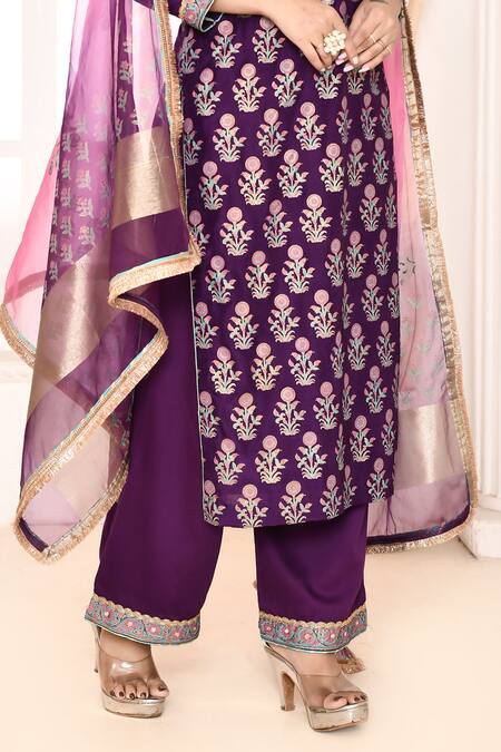 Buy Abbaran Purple Cotton, Silk, Organza Embroidery Floral Hand Block Print Kurta Pant Set Online at Aza Fashions Buy_Abbaran_Purple Cotton, Silk, Organza Embroidery Floral Hand Block Print Kurta Pant Set _Online_at_Aza_Fashions