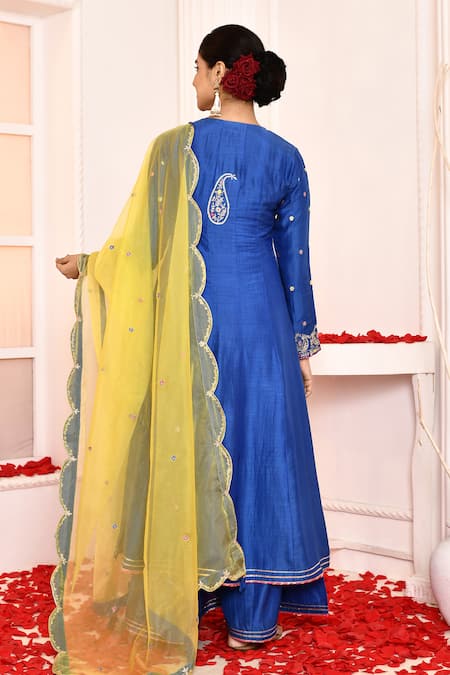 Shop_Abbaran_Blue Cotton, Silk, Organza Gota Patti Round Neck Embroidered Yoke Anarkali Set _at_Aza_Fashions