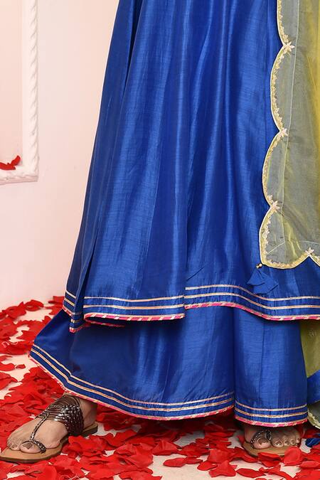 Abbaran_Blue Cotton, Silk, Organza Gota Patti Round Neck Embroidered Yoke Anarkali Set _Online_at_Aza_Fashions