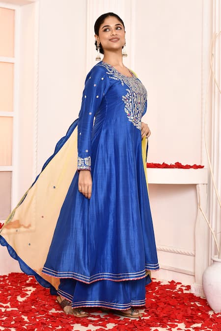 Buy_Abbaran_Blue Cotton, Silk, Organza Gota Patti Round Neck Embroidered Yoke Anarkali Set _Online_at_Aza_Fashions