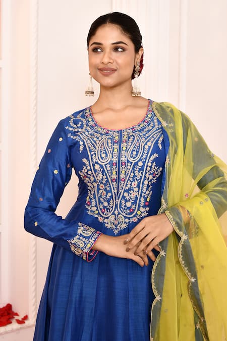 Shop_Abbaran_Blue Cotton, Silk, Organza Gota Patti Round Neck Embroidered Yoke Anarkali Set _Online_at_Aza_Fashions