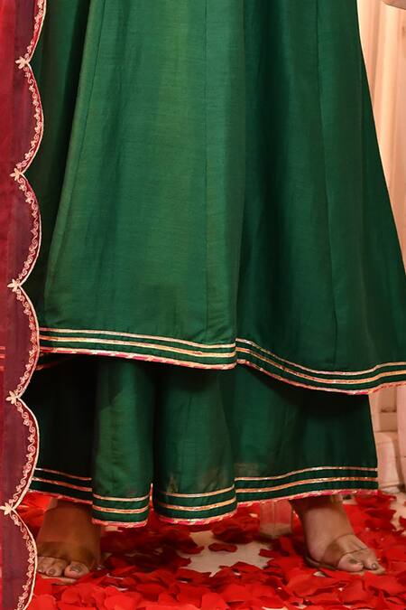 Abbaran Green Cotton, Silk, Organza Gota Patti Embroidered Yoke Anarkali Palazzo Set Online at Aza Fashions Abbaran_Green Cotton, Silk, Organza Gota Patti Embroidered Yoke Anarkali Palazzo Set _Online_at_Aza_Fashions
