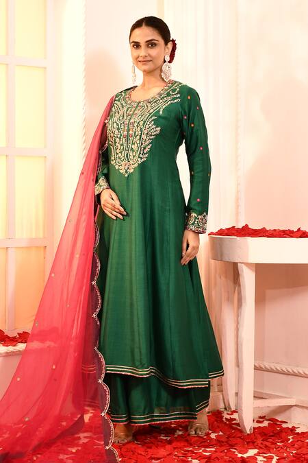 Buy_Abbaran_Green Cotton, Silk, Organza Gota Patti Embroidered Yoke Anarkali Palazzo Set _Online_at_Aza_Fashions