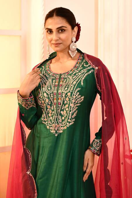 Shop_Abbaran_Green Cotton, Silk, Organza Gota Patti Embroidered Yoke Anarkali Palazzo Set _Online_at_Aza_Fashions