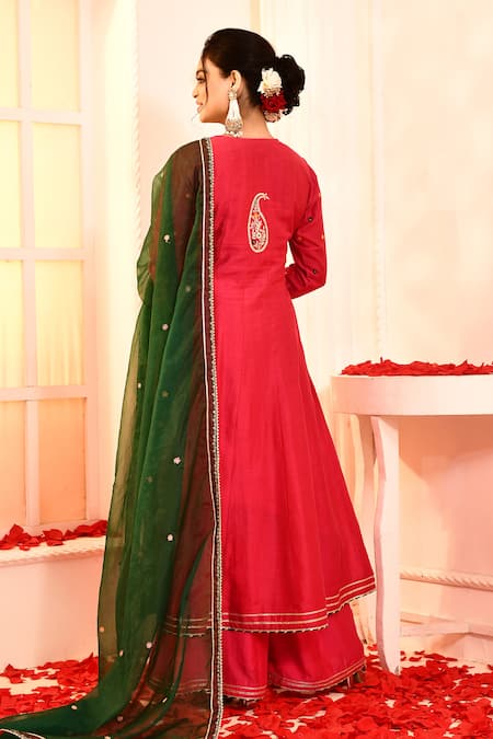 Shop_Abbaran_Pink Cotton, Silk, Organza Gota Patti, Aari Work Detailed Anarkali Set _at_Aza_Fashions
