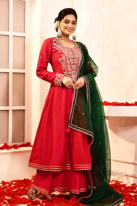 Buy_Abbaran_Pink Cotton, Silk, Organza Gota Patti, Aari Work Detailed Anarkali Set _Online_at_Aza_Fashions