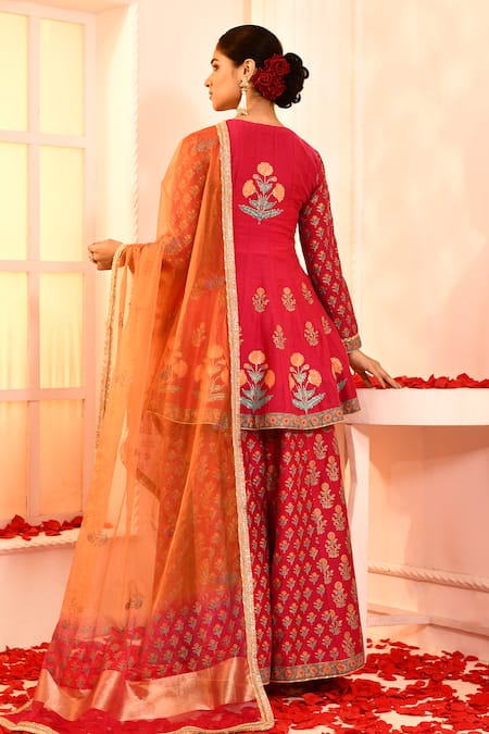 Shop_Abbaran_Pink Cotton, Silk, Organza Embroidery, Floral Block Print Kurta Sharara Set _at_Aza_Fashions