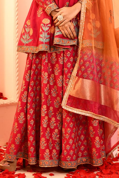 Abbaran Pink Cotton, Silk, Organza Embroidery, Floral Block Print Kurta Sharara Set Online at Aza Fashions Abbaran_Pink Cotton, Silk, Organza Embroidery, Floral Block Print Kurta Sharara Set _Online_at_Aza_Fashions