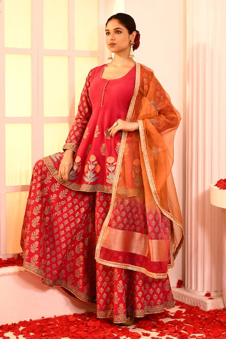 Buy_Abbaran_Pink Cotton, Silk, Organza Embroidery, Floral Block Print Kurta Sharara Set _Online_at_Aza_Fashions
