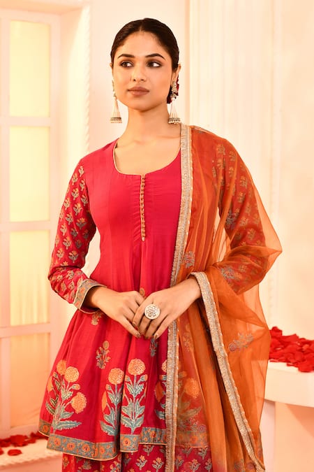 Shop_Abbaran_Pink Cotton, Silk, Organza Embroidery, Floral Block Print Kurta Sharara Set _Online_at_Aza_Fashions