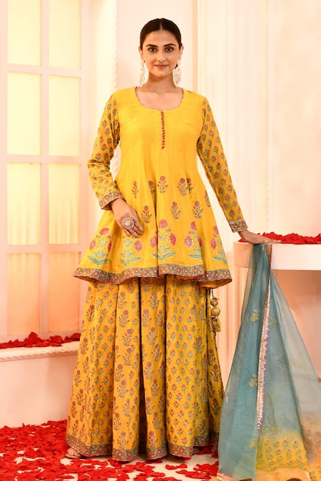 Abbaran Floral Block Print Sharara Set 