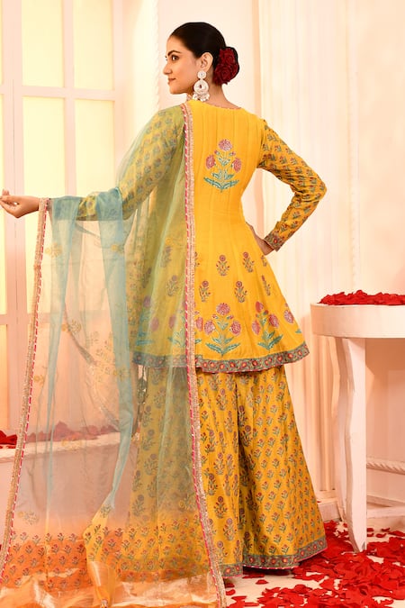 Shop_Abbaran_Yellow Cotton, Silk, Organza Embroidery, Gota Floral Block Print Sharara Set _at_Aza_Fashions
