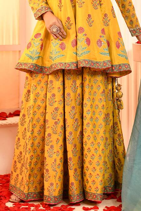 Abbaran Yellow Cotton, Silk, Organza Embroidery, Gota Floral Block Print Sharara Set Online at Aza Fashions Abbaran_Yellow Cotton, Silk, Organza Embroidery, Gota Floral Block Print Sharara Set _Online_at_Aza_Fashions