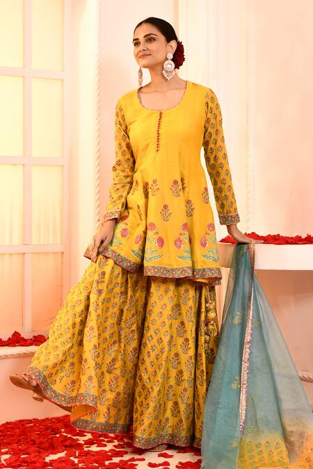 Buy_Abbaran_Yellow Cotton, Silk, Organza Embroidery, Gota Floral Block Print Sharara Set _Online_at_Aza_Fashions