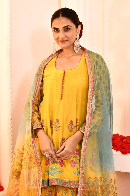 Shop_Abbaran_Yellow Cotton, Silk, Organza Embroidery, Gota Floral Block Print Sharara Set _Online_at_Aza_Fashions