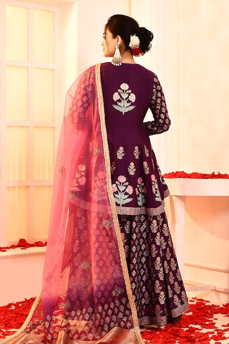 Shop_Abbaran_Purple Cotton, Silk, Organza Embroidery, Gota Patti Floral Block Print Kurta Set _at_Aza_Fashions