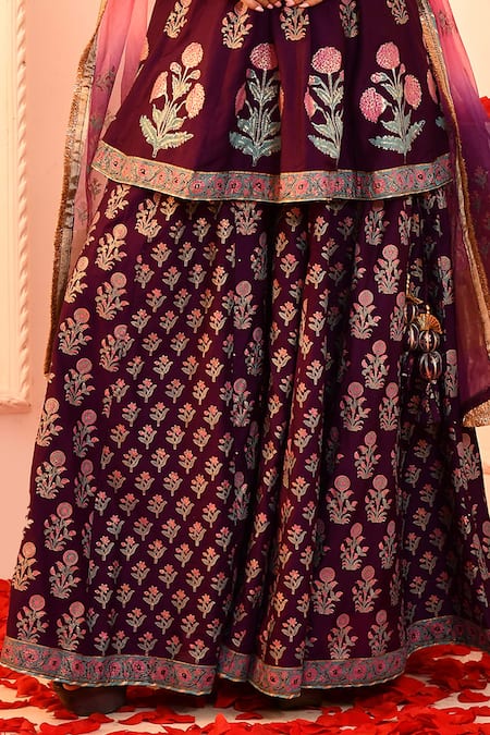 Abbaran_Purple Cotton, Silk, Organza Embroidery, Gota Patti Floral Block Print Kurta Set _Online_at_Aza_Fashions
