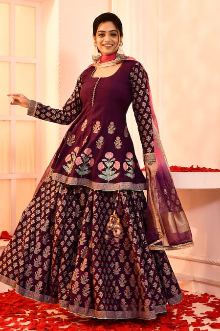 Buy_Abbaran_Purple Cotton, Silk, Organza Embroidery, Gota Patti Floral Block Print Kurta Set _Online_at_Aza_Fashions