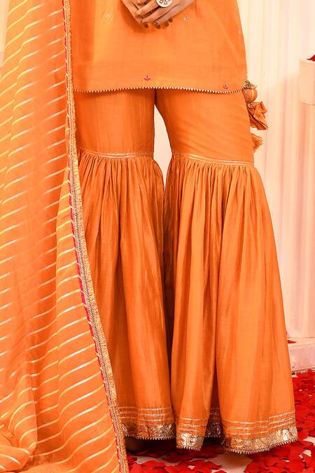 Abbaran Orange Cotton, Silk, Organza Gota Patti Round Neck Hand Embroidered Kurta Set Online at Aza Fashions Abbaran_Orange Cotton, Silk, Organza Gota Patti Round Neck Hand Embroidered Kurta Set _Online_at_Aza_Fashions