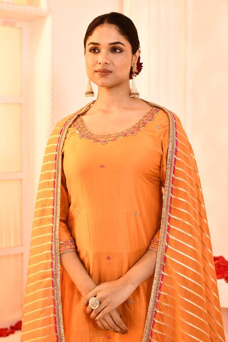 Shop_Abbaran_Orange Cotton, Silk, Organza Gota Patti Round Neck Hand Embroidered Kurta Set _Online_at_Aza_Fashions