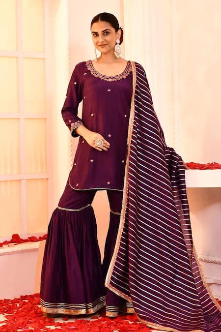 Abbaran Purple Kurta And Gharara Cotton Silk Embroidery Stripe Round Hand Set 