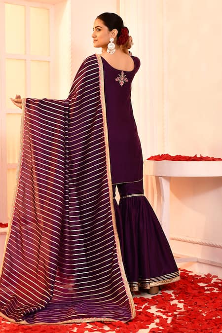 Shop_Abbaran_Purple Cotton, Silk, Organza Embroidery, Gota Patti Hand Kurta Gharara Set _at_Aza_Fashions