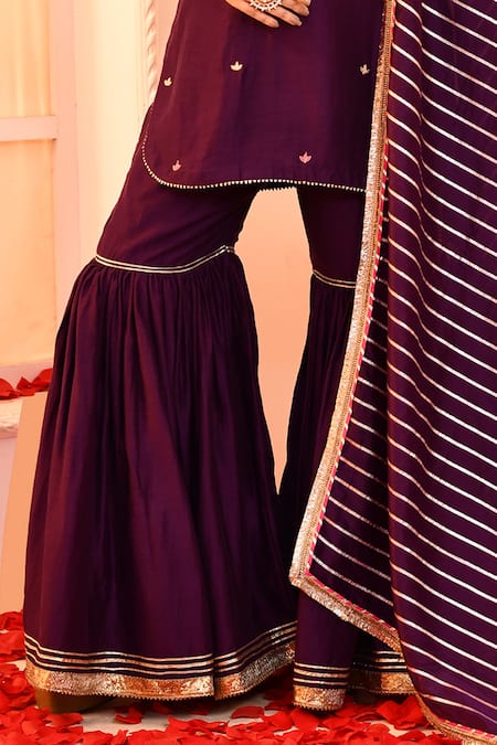 Abbaran Purple Cotton, Silk, Organza Embroidery, Gota Patti Hand Kurta Gharara Set Online at Aza Fashions Abbaran_Purple Cotton, Silk, Organza Embroidery, Gota Patti Hand Kurta Gharara Set _Online_at_Aza_Fashions