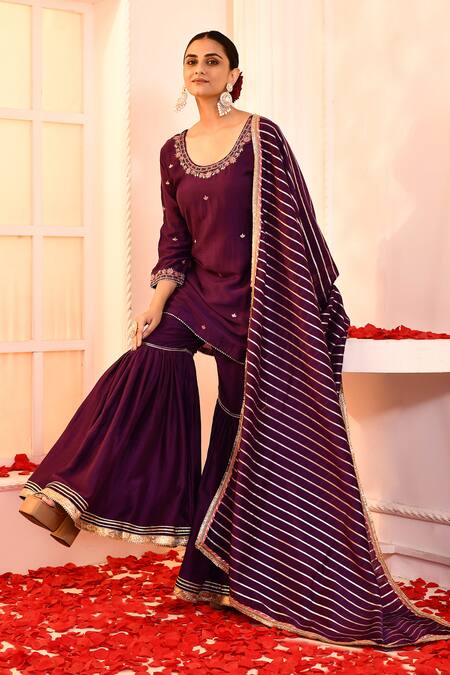 Buy_Abbaran_Purple Cotton, Silk, Organza Embroidery, Gota Patti Hand Kurta Gharara Set _Online_at_Aza_Fashions