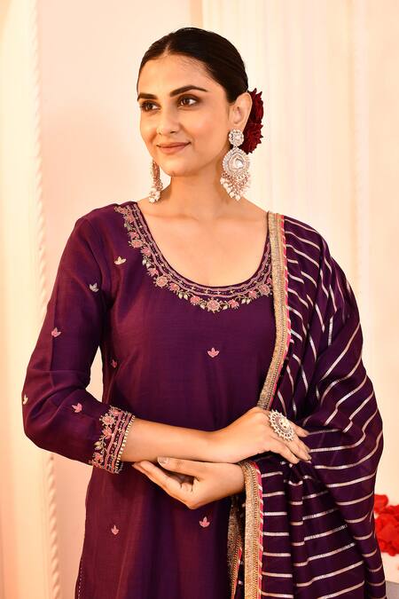 Shop_Abbaran_Purple Cotton, Silk, Organza Embroidery, Gota Patti Hand Kurta Gharara Set _Online_at_Aza_Fashions