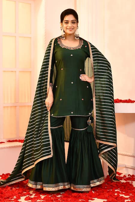 Abbaran Green Kurta And Gharara Cotton Silk Embroidery Stripe Gota Lace Detailed Set 