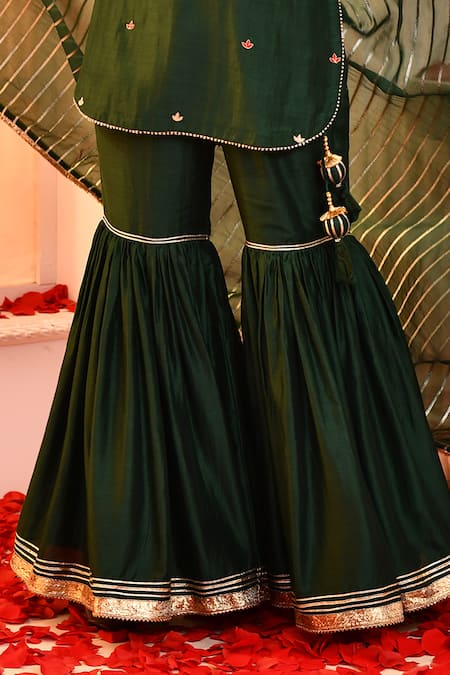 Abbaran Green Cotton, Silk, Organza Embroidery, Gota Patti Lace Detailed Gharara Set Online at Aza Fashions Abbaran_Green Cotton, Silk, Organza Embroidery, Gota Patti Lace Detailed Gharara Set _Online_at_Aza_Fashions