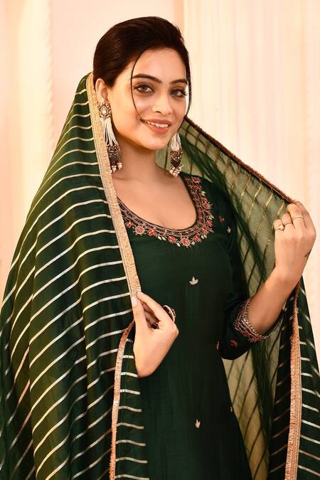 Buy_Abbaran_Green Cotton, Silk, Organza Embroidery, Gota Patti Lace Detailed Gharara Set _Online_at_Aza_Fashions