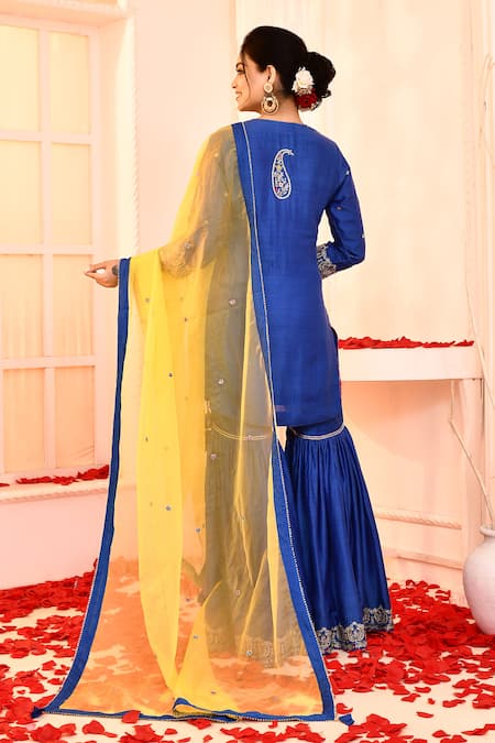 Shop_Abbaran_Blue Cotton, Silk, Organza Embroidery, Sequins Round Neck Aari Gharar Set _at_Aza_Fashions