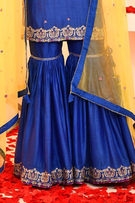 Abbaran_Blue Cotton, Silk, Organza Embroidery, Sequins Round Neck Aari Gharar Set _Online_at_Aza_Fashions