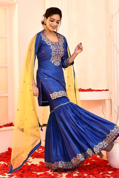 Buy_Abbaran_Blue Cotton, Silk, Organza Embroidery, Sequins Round Neck Aari Gharar Set _Online_at_Aza_Fashions