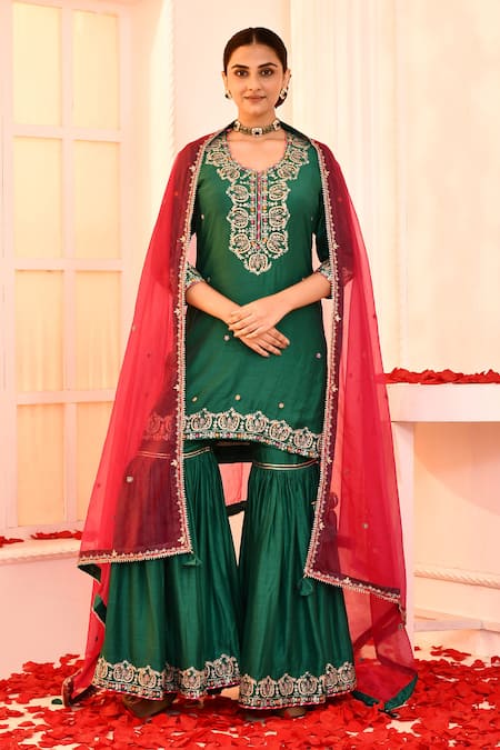 Abbaran Green Kurta And Gharara Cotton Silk Embroidery Aari Round Set 