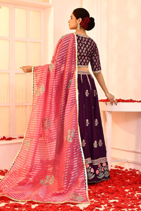 Shop_Abbaran_Purple Cotton, Silk Embroidery, Foil Printing, Gota Patti V-neck Lehenga Set _at_Aza_Fashions