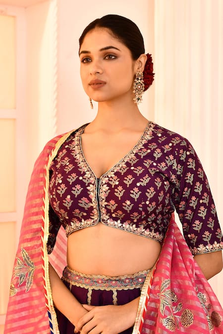 Shop_Abbaran_Purple Cotton, Silk Embroidery, Foil Printing, Gota Patti V-neck Lehenga Set _Online_at_Aza_Fashions