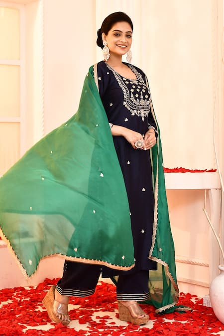 Buy_Abbaran_Blue , Satin, Silk Embroidery Round Gota Patti Detailed Kurta Set _Online_at_Aza_Fashions