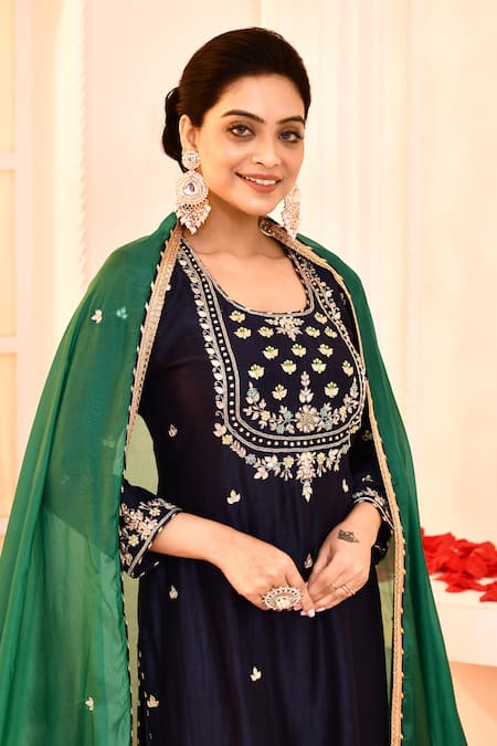 Shop_Abbaran_Blue , Satin, Silk Embroidery Round Gota Patti Detailed Kurta Set _Online_at_Aza_Fashions