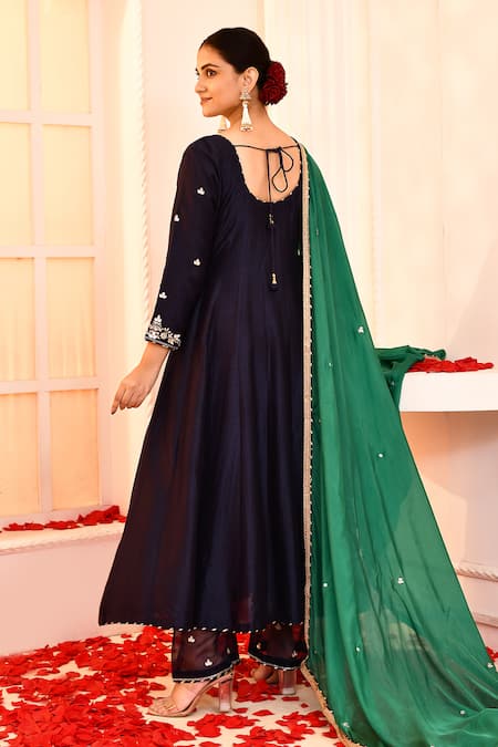 Shop_Abbaran_Blue , Satin, Silk Embroidery Gota Patti Detailed Anarkali Set _at_Aza_Fashions