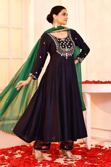 Shop_Abbaran_Blue , Satin, Silk Embroidery Gota Patti Detailed Anarkali Set _Online_at_Aza_Fashions