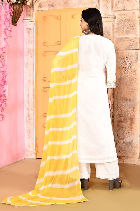 Shop_Abbaran_Ivory Chanderi, Chiffon Gota Patti, Embroidery A-line Kurta Leheriya Dupatta Set _at_Aza_Fashions