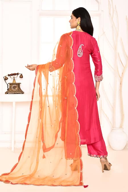 Shop_Abbaran_Pink Cotton, Silk, Organza Sequins, Gota Patti, Ari Straight Kurta Palazzo Set _at_Aza_Fashions