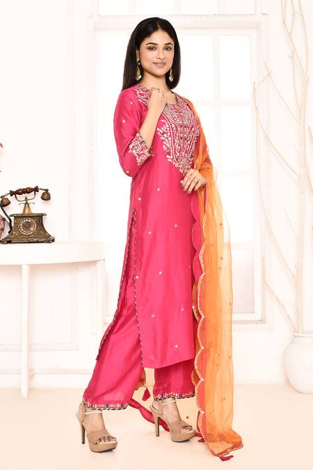 Abbaran_Pink Cotton, Silk, Organza Sequins, Gota Patti, Ari Straight Kurta Palazzo Set _Online_at_Aza_Fashions