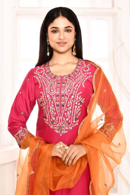 Buy_Abbaran_Pink Cotton, Silk, Organza Sequins, Gota Patti, Ari Straight Kurta Palazzo Set _Online_at_Aza_Fashions