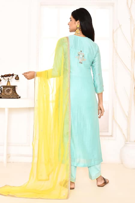 Shop_Abbaran_Blue Chanderi, Cotton, Organza Embroidery, Gota Patti Hand Straight Kurta Set _at_Aza_Fashions